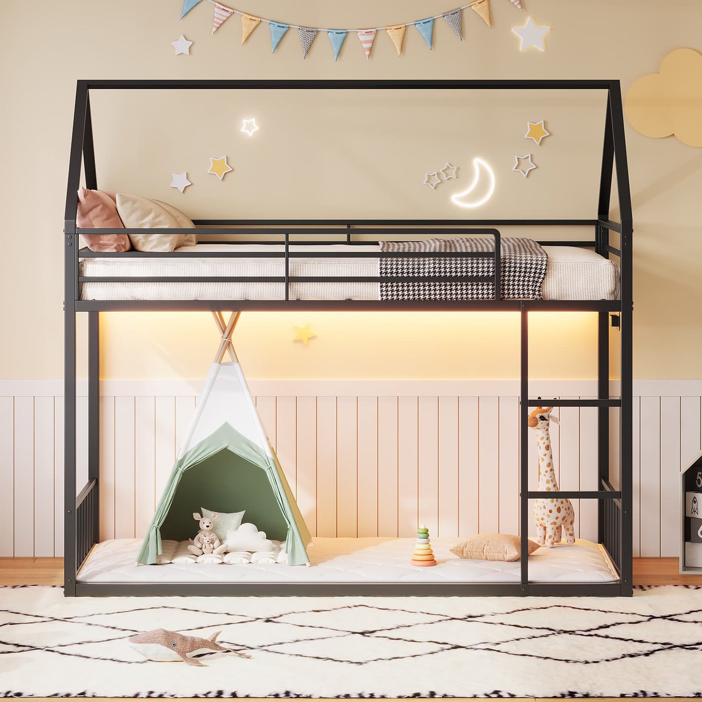 Yanosaku BF019-BK-T Twin Bunk Bed Frame with Charging Station & RGB LED, Easy Assembly, Storage Space, House Metal Frame with Ladder