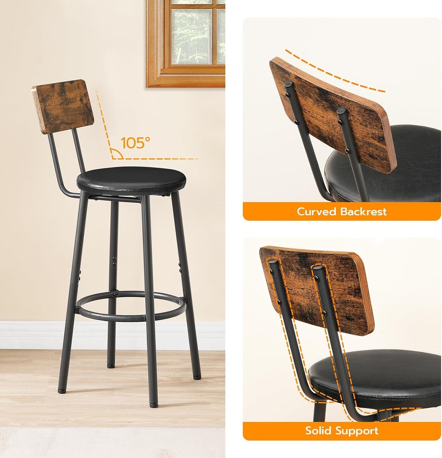 Rustic Brown PU Bar Stools Set of 2 26 Inch With Footrest