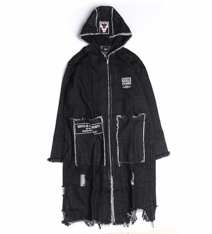 Hip Hop Hole Hooded Long Trench Jackets Coats Men Raw Edge Cloak Male Capes Gothic Punk Steampunk Overcoat Print Denim Full GUYI