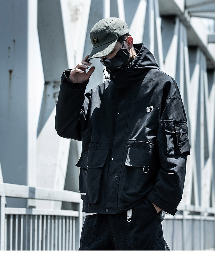 Letter Black Multi-pocket Men's Hip Hop Cargo Jackets Coats Streetwear Cardigan Zipper Casual Techwear Hooded Men Outerwear Top