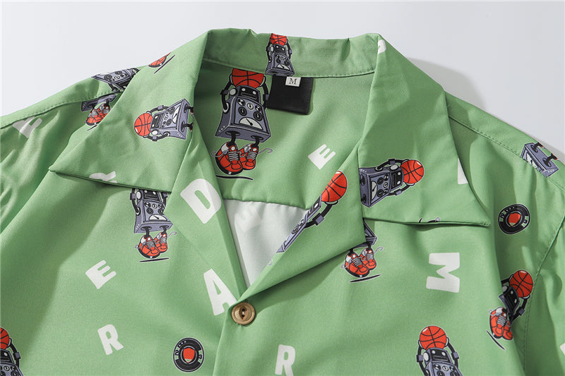 Hip Hop Print Holiday Shirts Short Sleeve Summer Beach Streetwear Green Hawaiian Shirts Men Casual Harajuku Aloha Shirt
