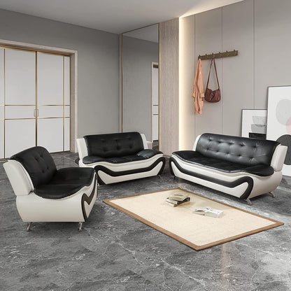 Vegan Leather Sofa Set 3 Piece Living Room Furniture White and Black