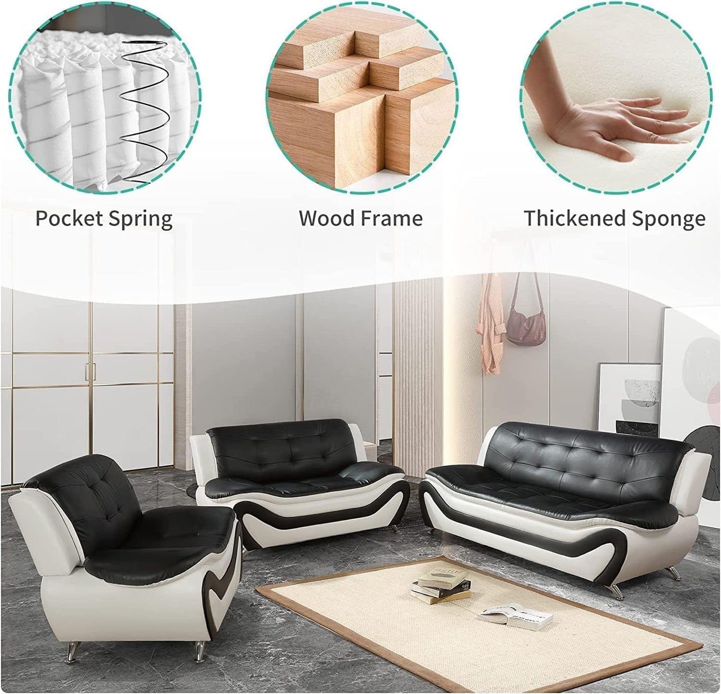 Vegan Leather Sofa Set 3 Piece Living Room Furniture White and Black