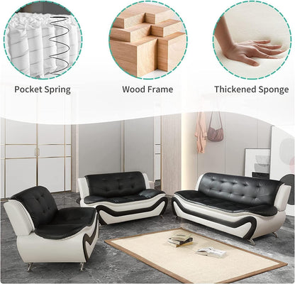 Vegan Leather Sofa Set 3 Piece Living Room Furniture White and Black
