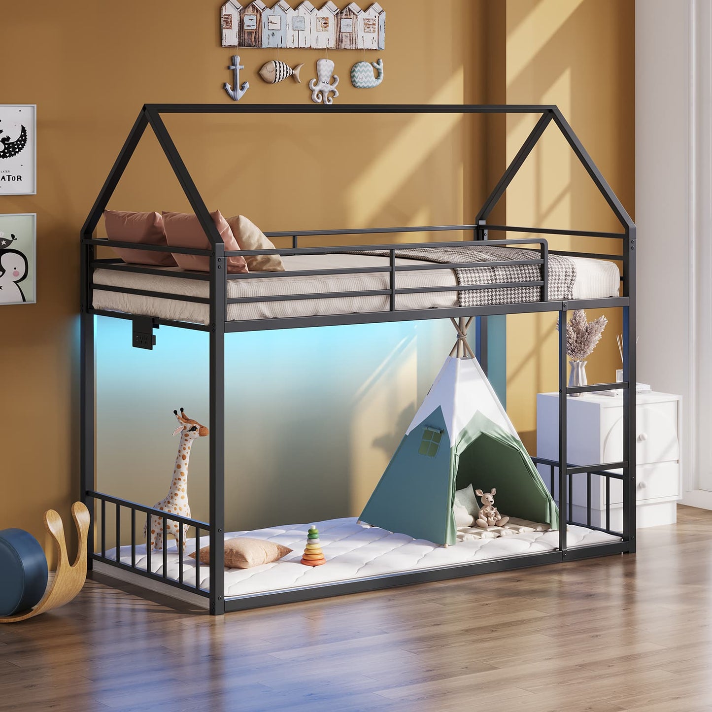 Yanosaku BF019-BK-T Twin Bunk Bed Frame with Charging Station & RGB LED, Easy Assembly, Storage Space, House Metal Frame with Ladder