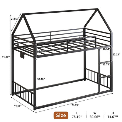 Yanosaku BF019-BK-T Twin Bunk Bed Frame with Charging Station & RGB LED, Easy Assembly, Storage Space, House Metal Frame with Ladder