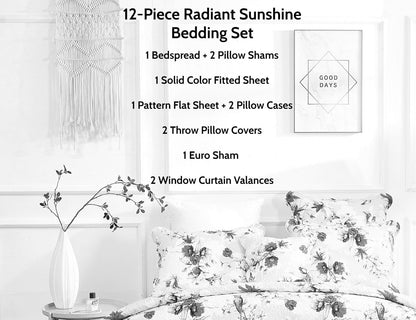 DaDa Bedding Bed in a Bag Bundle Set - Radiant Sunshine Yellow Hummingbirds Floral Bedding Set (JHW-925)