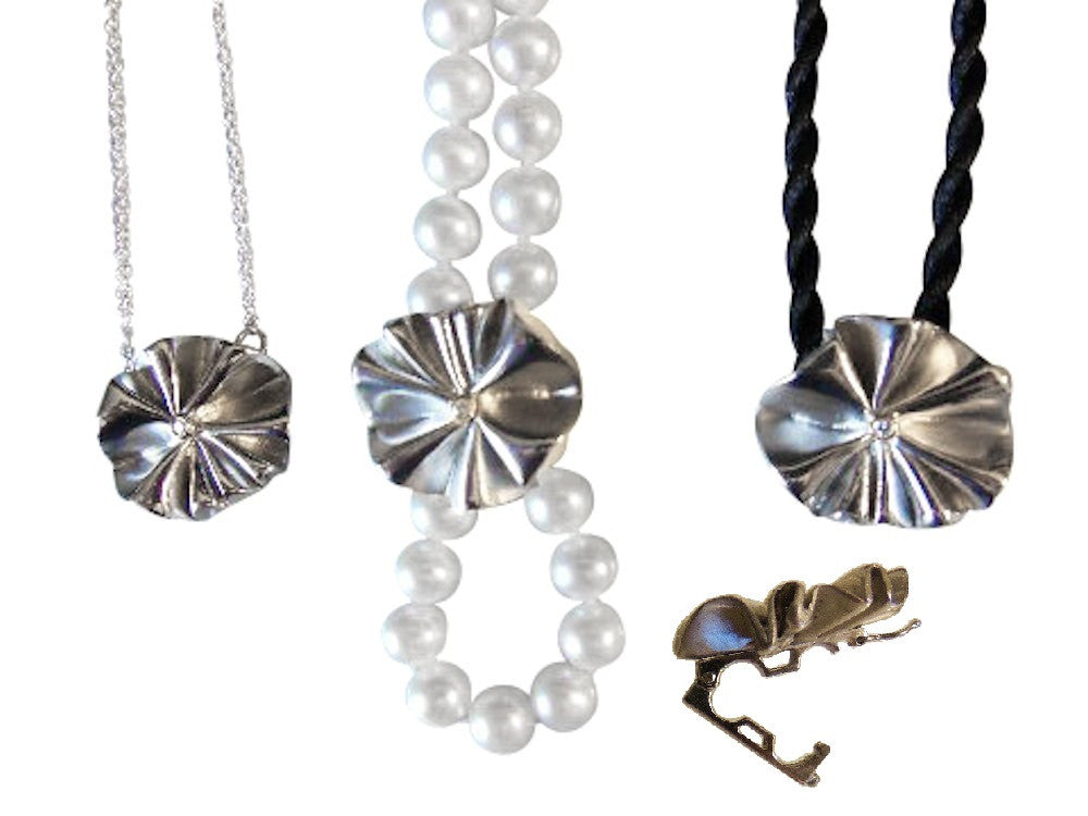 Ruffle Earring Jackets (2 sets) with 3 pearl stud earrings.   Sterling Silver and 18K gold plate.