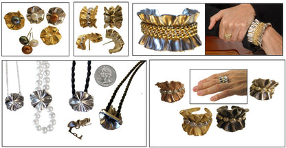 Ruffle Earring Jackets (2 sets) with 3 pearl stud earrings.   Sterling Silver and 18K gold plate.