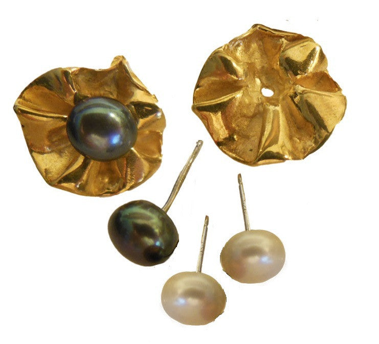 Ruffle Earring Jackets (2 sets) with 3 pearl stud earrings.   Sterling Silver and 18K gold plate.