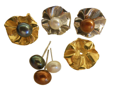 Ruffle Earring Jackets (2 sets) with 3 pearl stud earrings.   Sterling Silver and 18K gold plate.