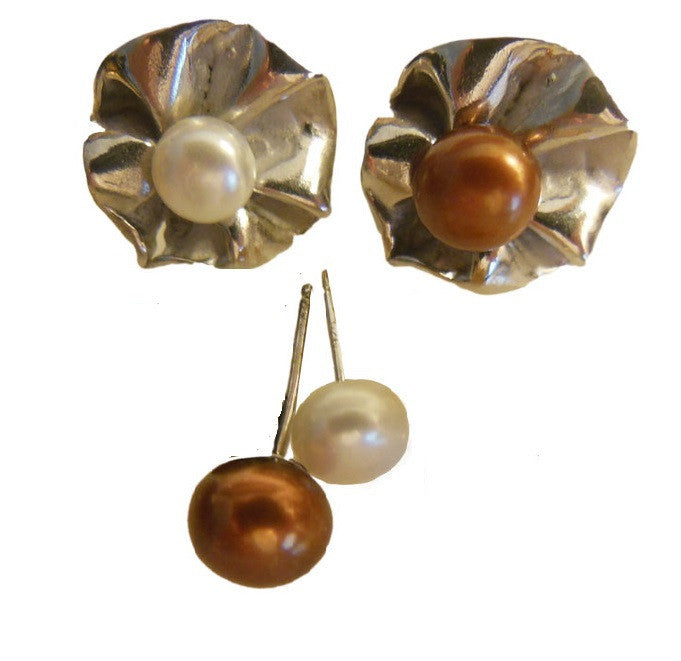 Ruffle Earring Jackets (2 sets) with 3 pearl stud earrings.   Sterling Silver and 18K gold plate.