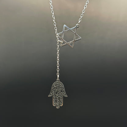 Star of David and Hamsa Drop Necklace