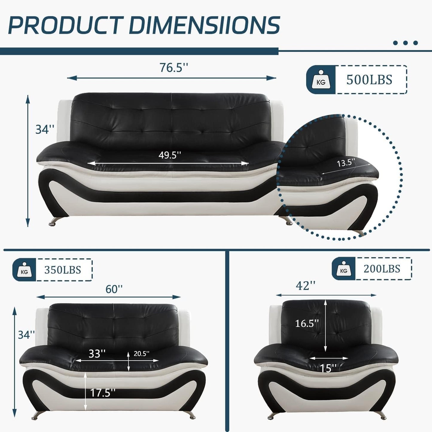 Vegan Leather Sofa Set 3 Piece Living Room Furniture White and Black