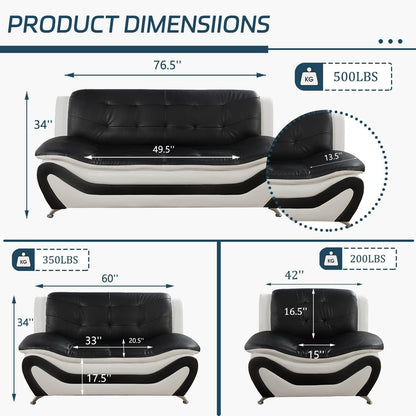 Vegan Leather Sofa Set 3 Piece Living Room Furniture White and Black