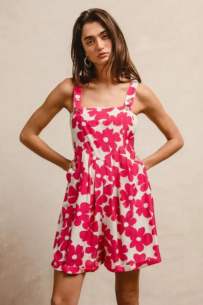Floral Prints Tuck Detail Short Overall With Pockets