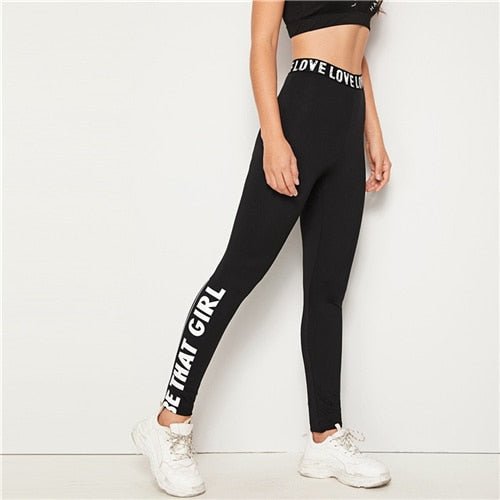 Black Slogan Print Leggings Women Bottoms Autumn Elastic Waist Active Wear Leisure Skinny Long Leggings