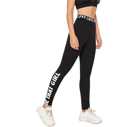 Black Slogan Print Leggings Women Bottoms Autumn Elastic Waist Active Wear Leisure Skinny Long Leggings