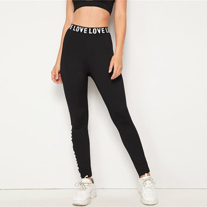 Black Slogan Print Leggings Women Bottoms Autumn Elastic Waist Active Wear Leisure Skinny Long Leggings