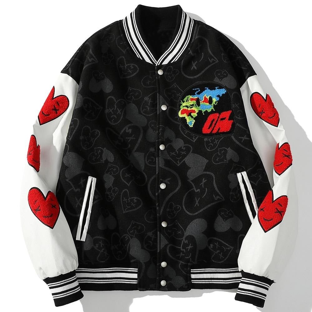 Bomber Jackets Men Furry Heart-shaped Patch Leather Patchwork Baseball Coats Vintage Varsity Fashion Streetwear Couple