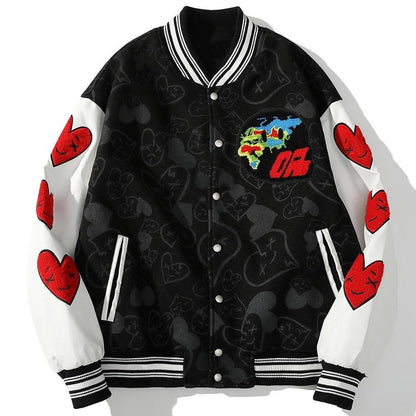 Bomber Jackets Men Furry Heart-shaped Patch Leather Patchwork Baseball Coats Vintage Varsity Fashion Streetwear Couple