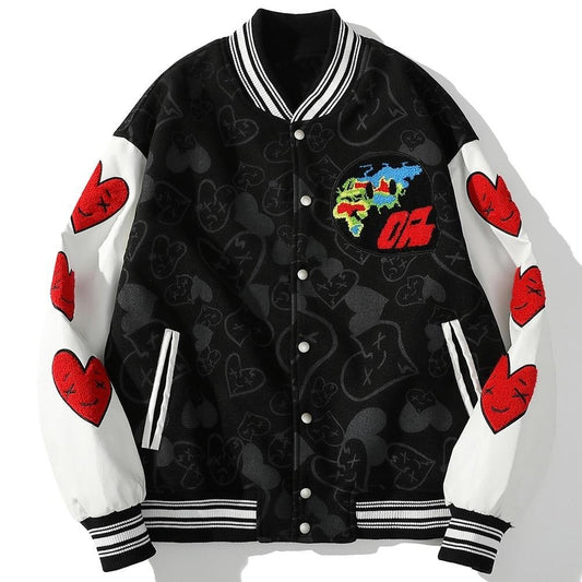 Bomber Jackets Men Furry Heart-shaped Patch Leather Patchwork Baseball Coats Vintage Varsity Fashion Streetwear Couple