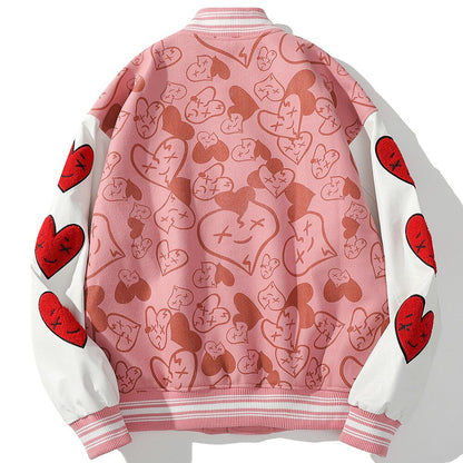 Bomber Jackets Men Furry Heart-shaped Patch Leather Patchwork Baseball Coats Vintage Varsity Fashion Streetwear Couple