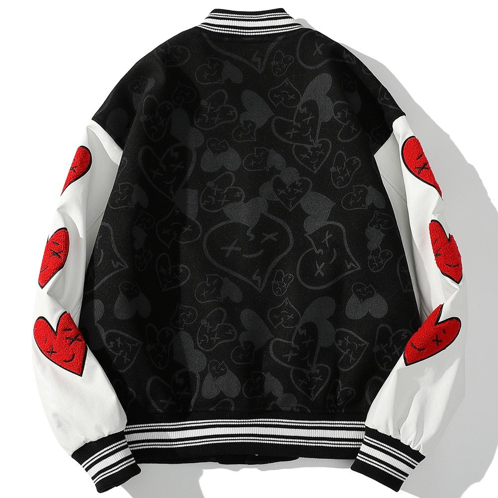 Bomber Jackets Men Furry Heart-shaped Patch Leather Patchwork Baseball Coats Vintage Varsity Fashion Streetwear Couple
