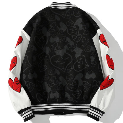 Bomber Jackets Men Furry Heart-shaped Patch Leather Patchwork Baseball Coats Vintage Varsity Fashion Streetwear Couple