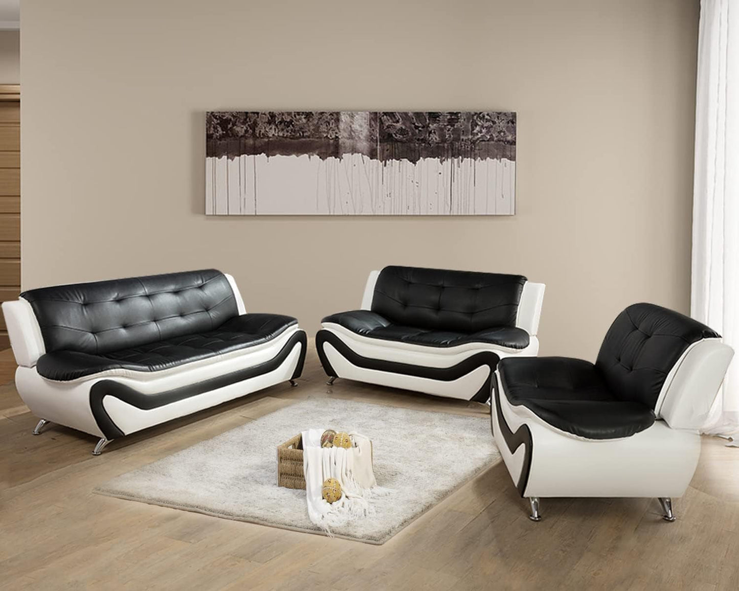Vegan Leather Sofa Set 3 Piece Living Room Furniture White and Black