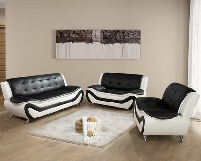 Vegan Leather Sofa Set 3 Piece Living Room Furniture White and Black