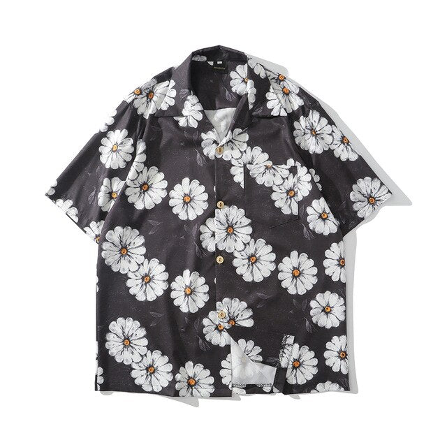 Daisy Flower Print Hip Hop Shirts Short Sleeve Summer Beach Streetwear Hawaiian Shirts Men Casual Harajuku Aloha Shirt