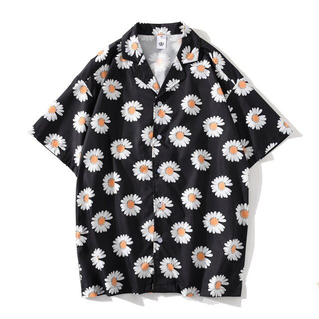 Daisy Print Aloha Shirts Hip Hop Harajuku Men Short Sleeve Beach Hawaiian Flower Shirts Casual Camisa Masculina Shirt