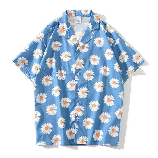 Daisy Print Aloha Shirts Hip Hop Harajuku Men Short Sleeve Beach Hawaiian Flower Shirts Casual Camisa Masculina Shirt
