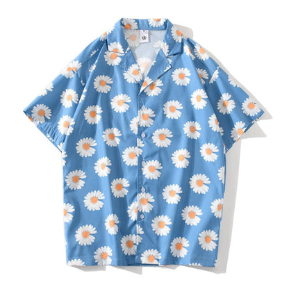 Daisy Print Aloha Shirts Hip Hop Harajuku Men Short Sleeve Beach Hawaiian Flower Shirts Casual Camisa Masculina Shirt