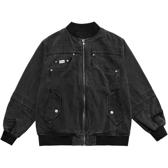 Denim Jacket Men Solid Patchwork Retro Zipper Coats Couple Oversize Punk High Street Fashion Jackets Men Outwear Autumn