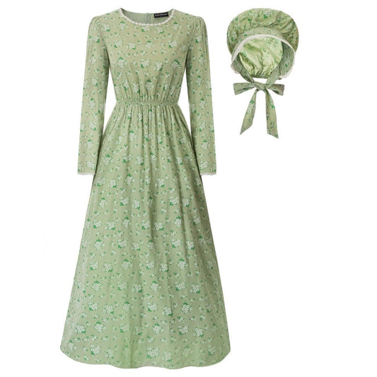 Dresses Pioneer Women Costume Colonial Dress American Historical Clothing With Bonnet Vintage Print Fashion Long Maxi Dresses