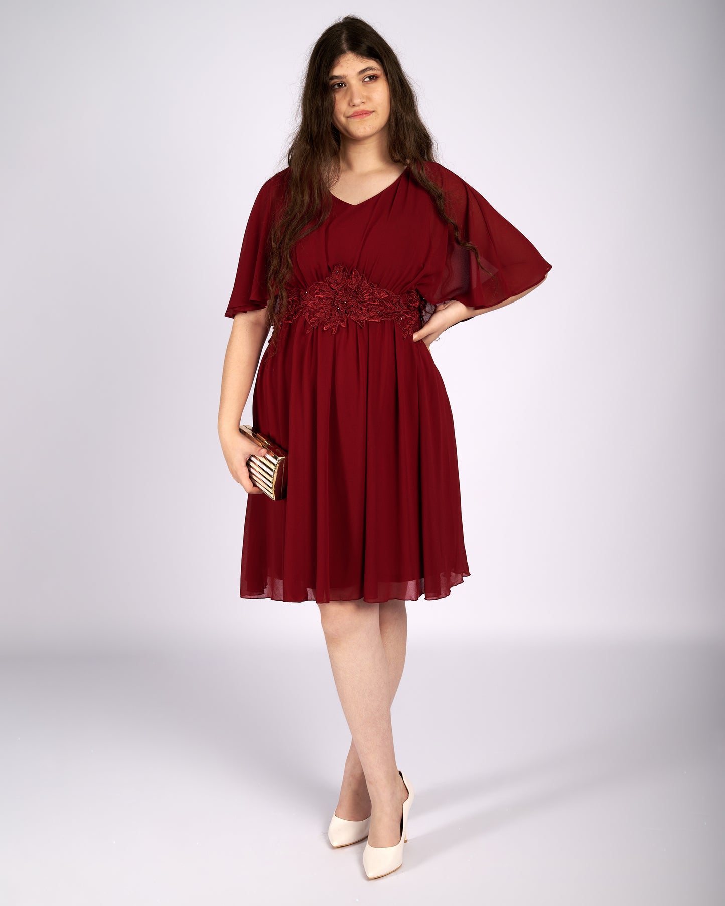 Dorothy Burgundy Mouseline Dress with Cape "evening dresses"