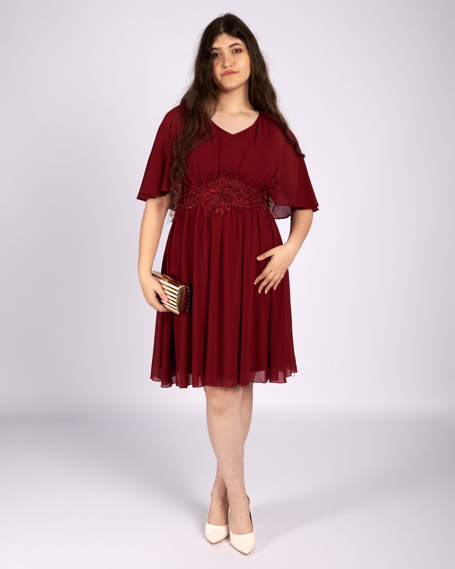 Dorothy Burgundy Mouseline Dress with Cape "evening dresses"