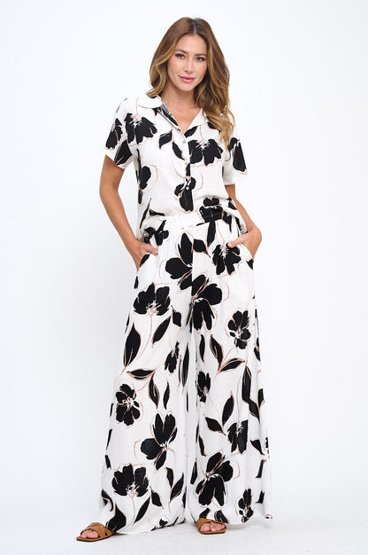 Floral Print Wide Leg Pants with Pockets