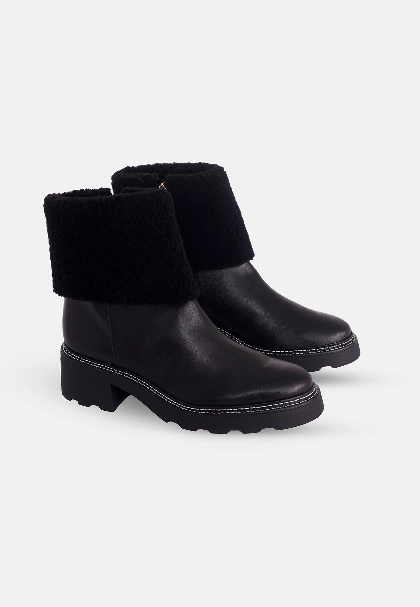 Black Leather Ankle Boots Andira – Women’s Block Heel Boots with Decorative Shearling and Lug Sole