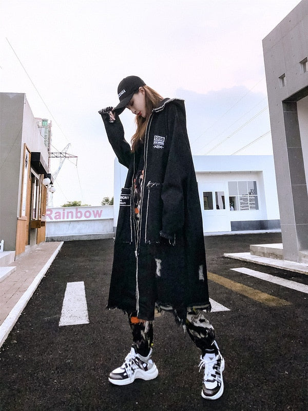 Hip Hop Hole Hooded Long Trench Jackets Coats Men Raw Edge Cloak Male Capes Gothic Punk Steampunk Overcoat Print Denim Full GUYI