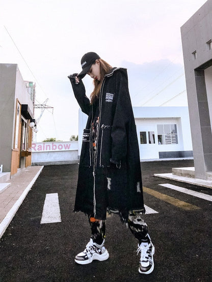 Hip Hop Hole Hooded Long Trench Jackets Coats Men Raw Edge Cloak Male Capes Gothic Punk Steampunk Overcoat Print Denim Full GUYI