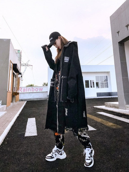 Hip Hop Hole Hooded Long Trench Jackets Coats Men Raw Edge Cloak Male Capes Gothic Punk Steampunk Overcoat Print Denim Full GUYI
