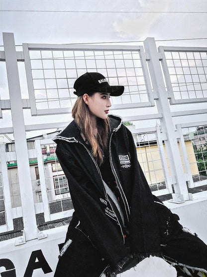 Hip Hop Hole Hooded Long Trench Jackets Coats Men Raw Edge Cloak Male Capes Gothic Punk Steampunk Overcoat Print Denim Full GUYI