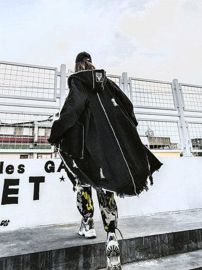 Hip Hop Hole Hooded Long Trench Jackets Coats Men Raw Edge Cloak Male Capes Gothic Punk Steampunk Overcoat Print Denim Full GUYI
