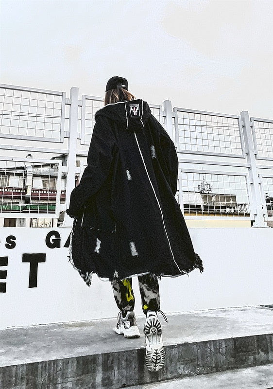 Hip Hop Hole Hooded Long Trench Jackets Coats Men Raw Edge Cloak Male Capes Gothic Punk Steampunk Overcoat Print Denim Full GUYI