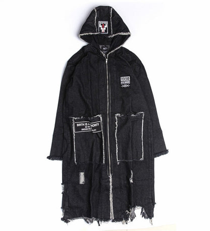 Hip Hop Hole Hooded Long Trench Jackets Coats Men Raw Edge Cloak Male Capes Gothic Punk Steampunk Overcoat Print Denim Full GUYI