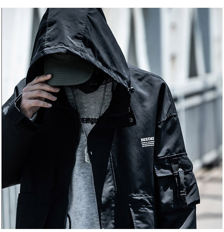 Letter Black Multi-pocket Men's Hip Hop Cargo Jackets Coats Streetwear Cardigan Zipper Casual Techwear Hooded Men Outerwear Top