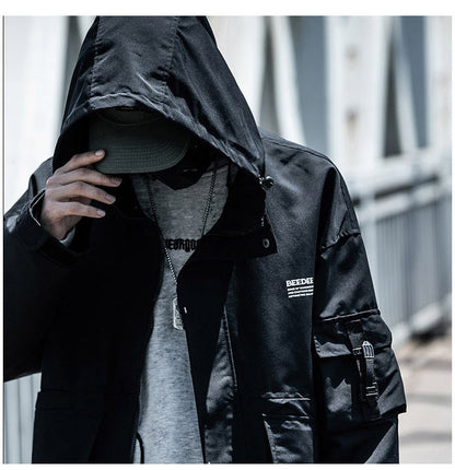 Letter Black Multi-pocket Men's Hip Hop Cargo Jackets Coats Streetwear Cardigan Zipper Casual Techwear Hooded Men Outerwear Top